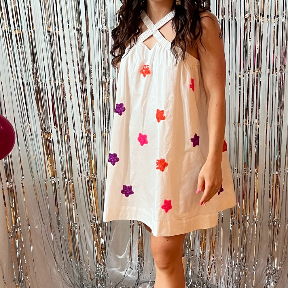 QUEEN OF SPARKLES white multi star dress